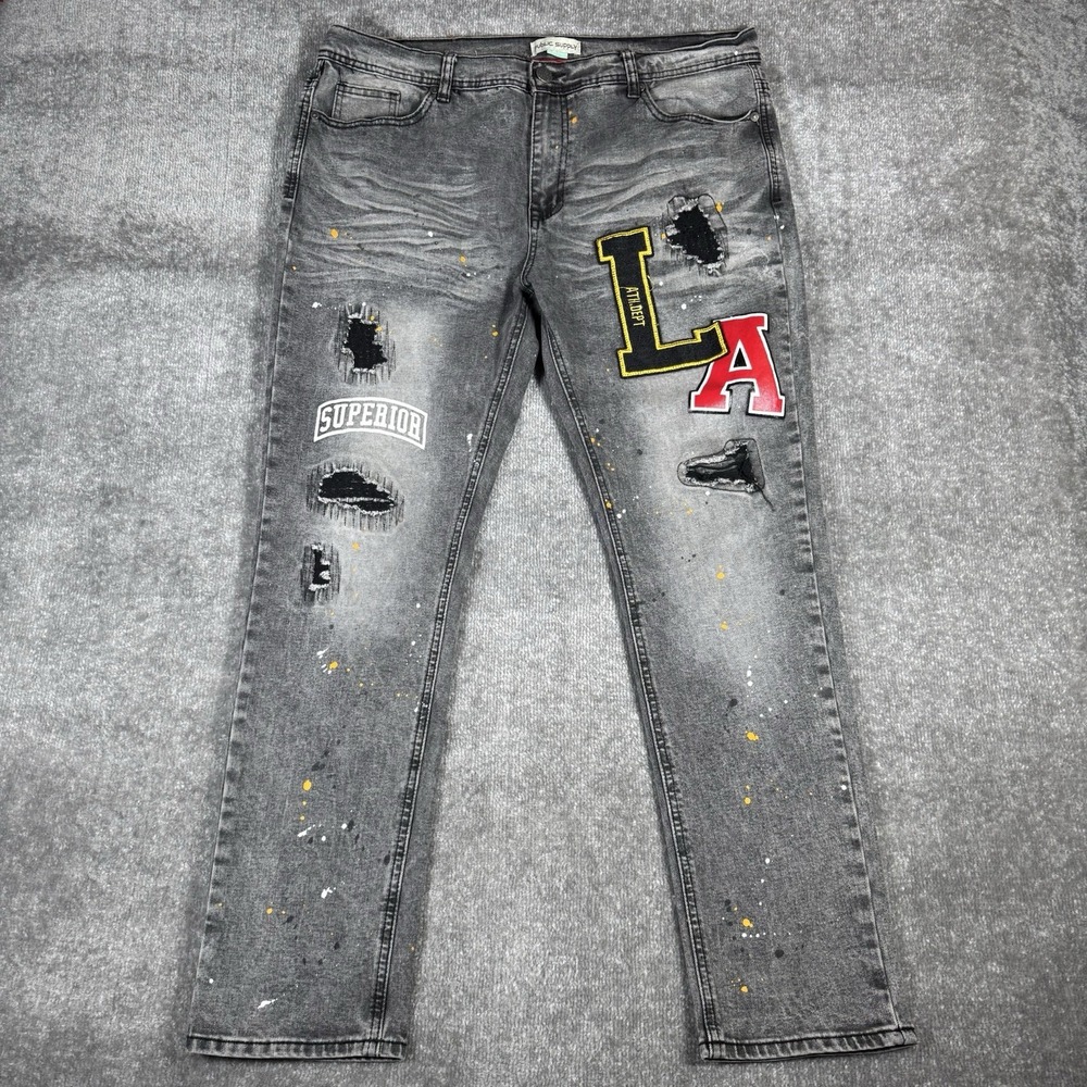 Public Supply Jeans Men's 38x32 (40x30) Gray Paint Splatter Distressed‎ Stretch
